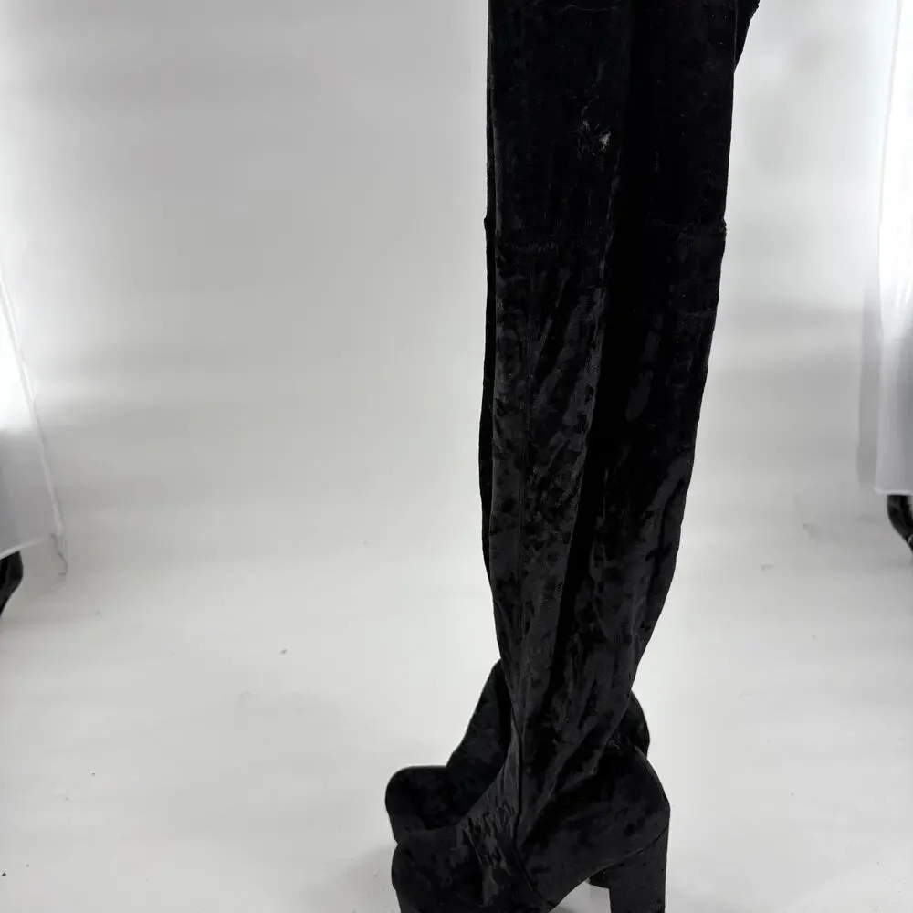 Cape Robbin Crushed Velvet Platform Boots 5.5 Black WhimsiGoth Tall Over Knee